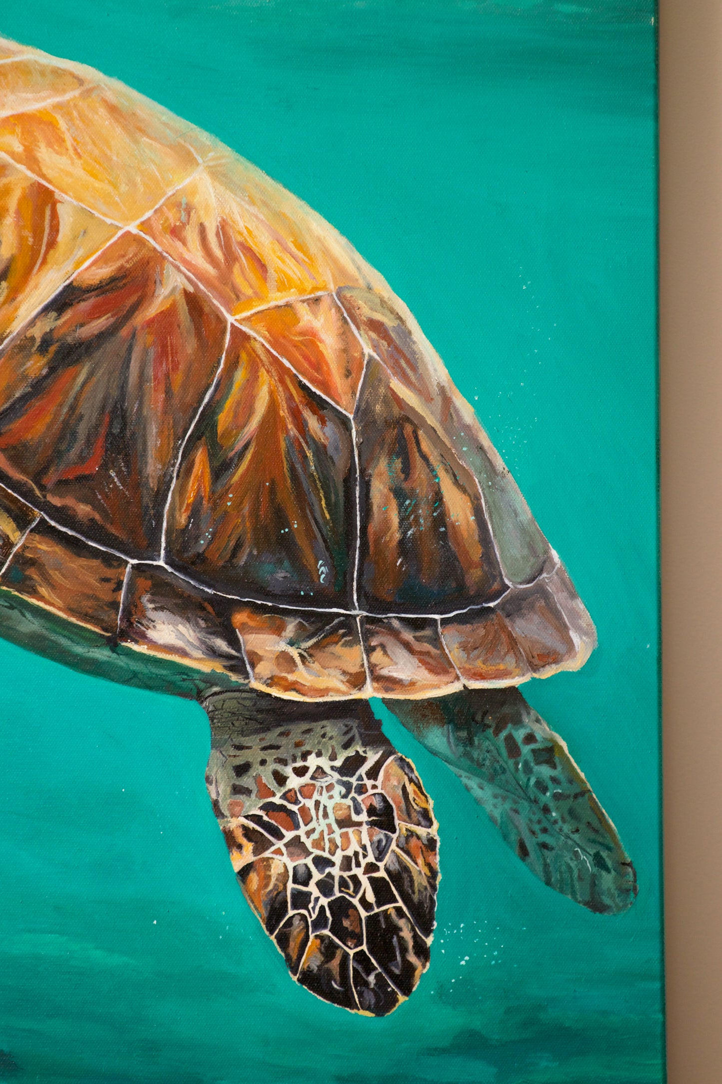 Original oil painting of a sea turtle ocean background by Bella Munday