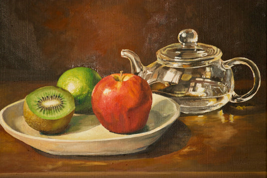 Still life painting with teapot and fruits by Bella Munday in Byron Bay