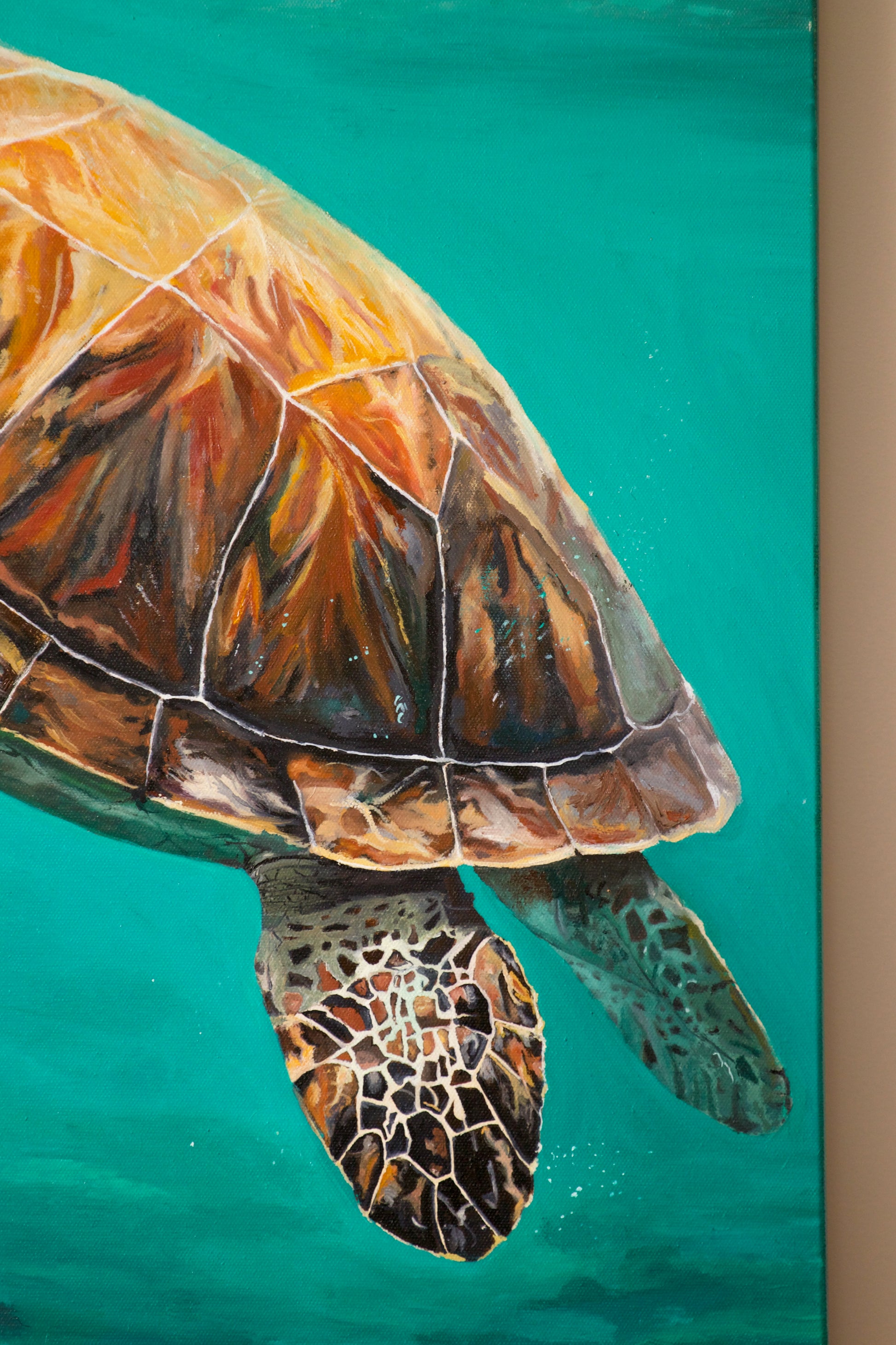 Original oil painting of a sea turtle ocean background by Bella Munday