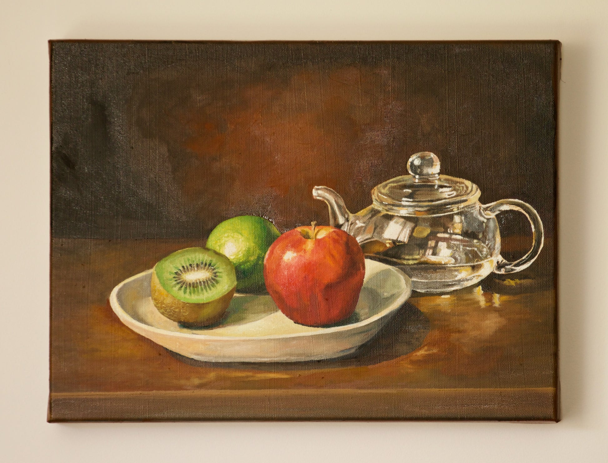 Still life painting with teapot and fruits by Bella Munday in Byron Bay