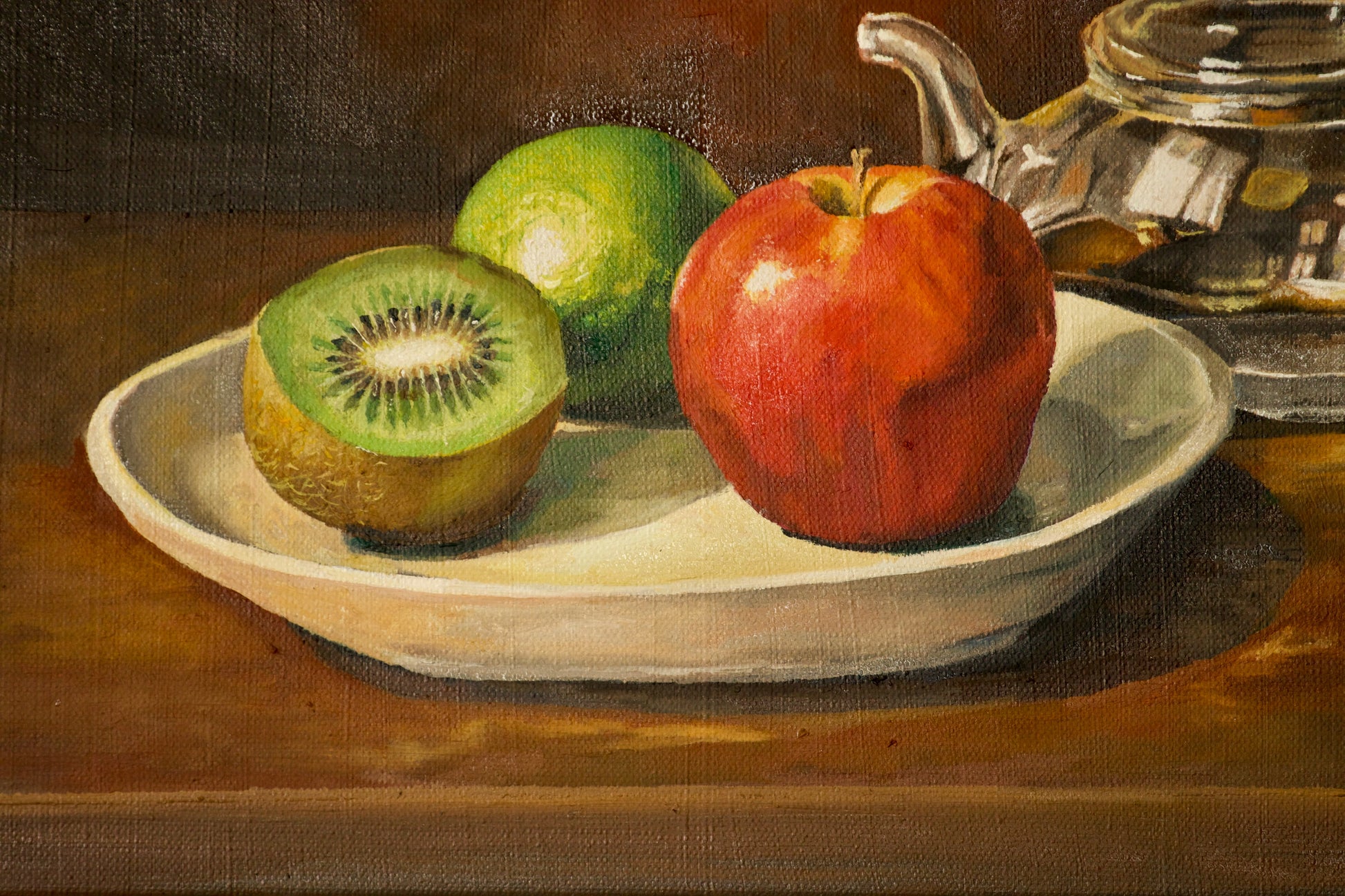 Still life painting with teapot and fruits by Bella Munday in Byron Bay